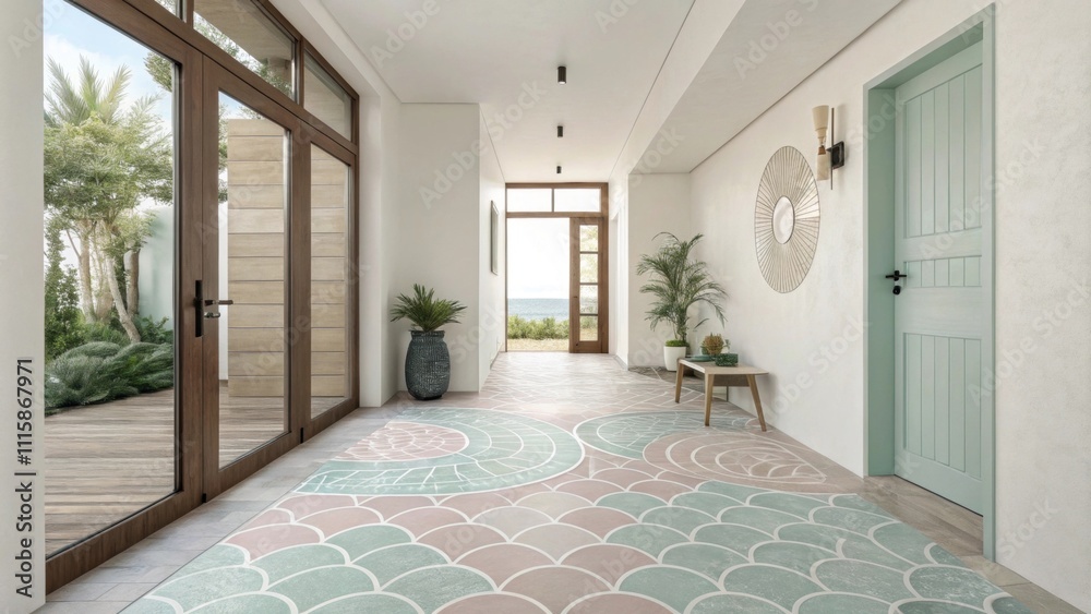 Aufkleber soft pastel tiles arranged in a wave pattern create a calm and serene entryway ambiance enhanced by 