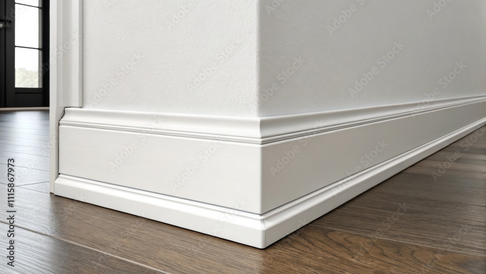 Poster smooth modern baseboards bordering a stark white wall providing a sleek finishing touch to this mini