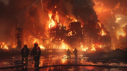 A large factory building is engulfed in flames, with firefighting efforts underway.