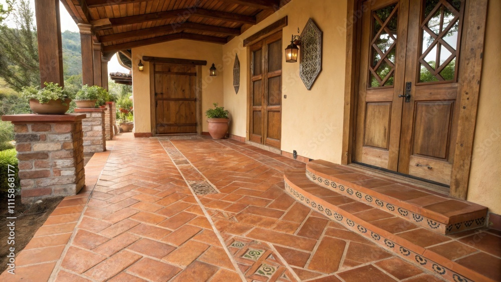Aufkleber Rustic terracotta tiles lay in a diagonal pattern in the entryway offering a warm and inviting atmosphere accentuated by wooden accents.
