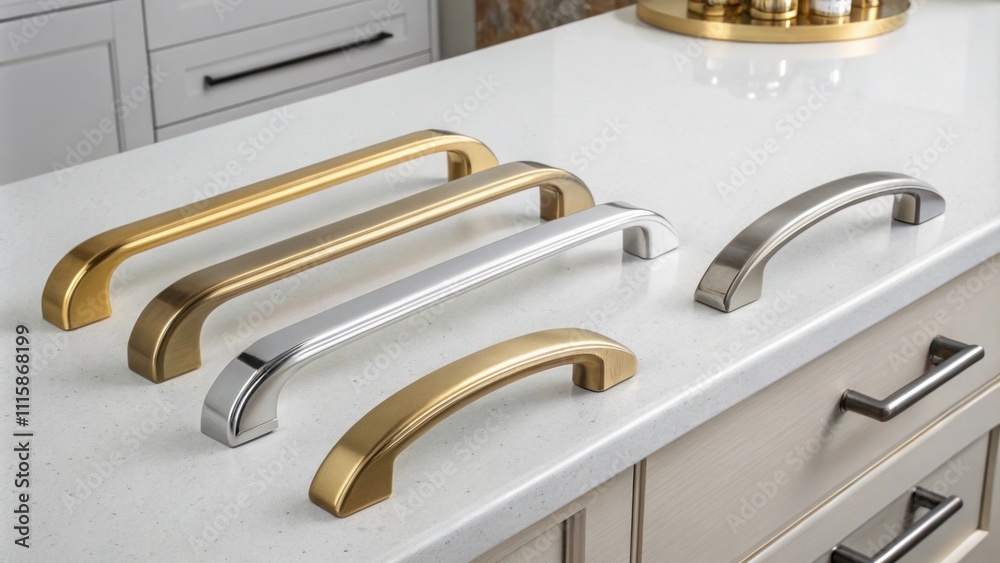 Poster Recessed cabinet handles in a mix of polished chrome and satin brass positioned artistically in a curve on a white quartz countertop exuding a contemporary vibe.