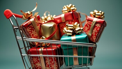 Whimsical Shopping Cart Overflowing with Festive Gift Boxes, A Holiday Shopping Spree