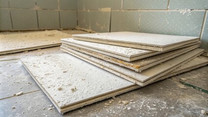 Obraz premium Several ceiling tiles stacked haphazardly in a corner covered slightly in dust suggesting theyve been there for a while before installation.