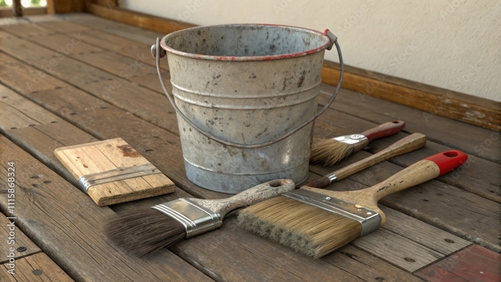 Poster  next to it an assortment of brushes and an empty bucket hint at further work to come.