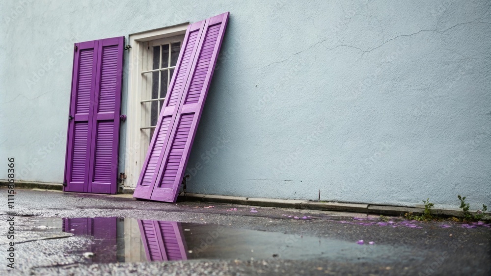 Poster Newly painted shutters in a bold violet shade leaning against a light gray wall with a small puddle of water sparkling in the foreground.