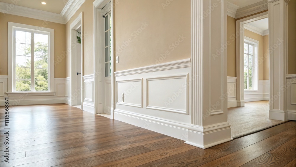 Fototapete newly installed baseboards hugging the corners of a spacious room with a light beige wall contributi