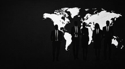 Business Professionals Silhouetted Against a World Map Background, Representing Global Collaboration, Diversity, Leadership, and International Success in a Corporate Environment