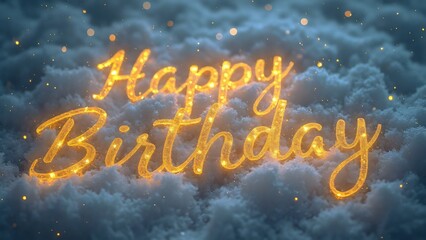 Glowing Gold 'Happy Birthday' Script on Snowy Background, Winter Wonderland Birthday Card Design