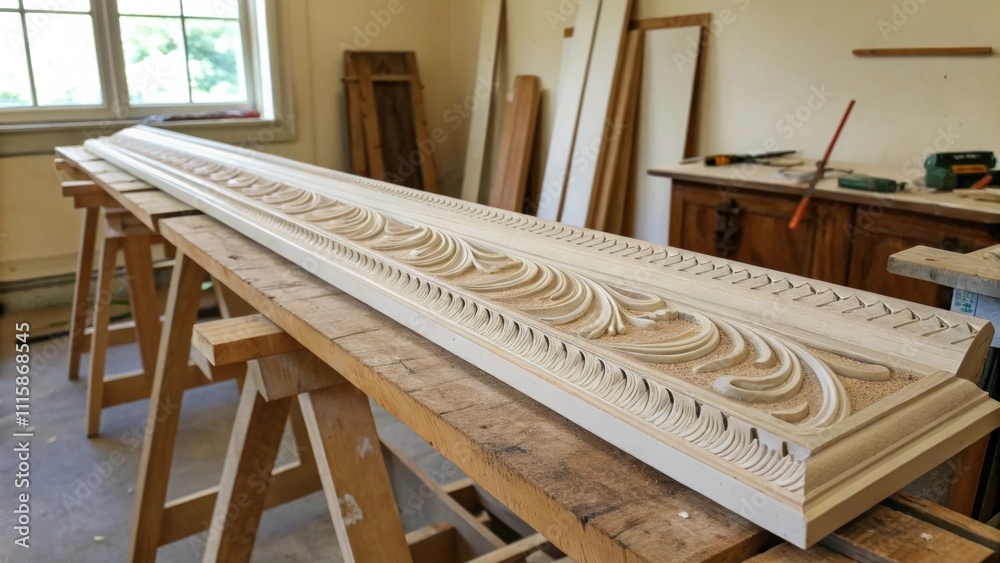 Poster Molding strips in elegant curves and lines p on a saw horse with a soft natural light filtering through a nearby window illuminating their craftsmanship.