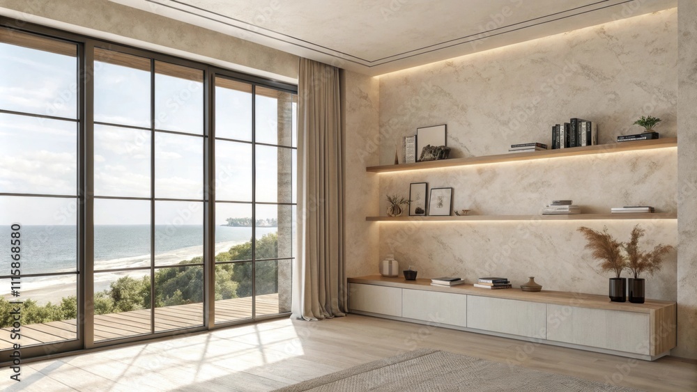 Poster Light streams through a large window illuminating a blank wall adorned with subtle texture providing the perfect backdrop for minimalist shelving.