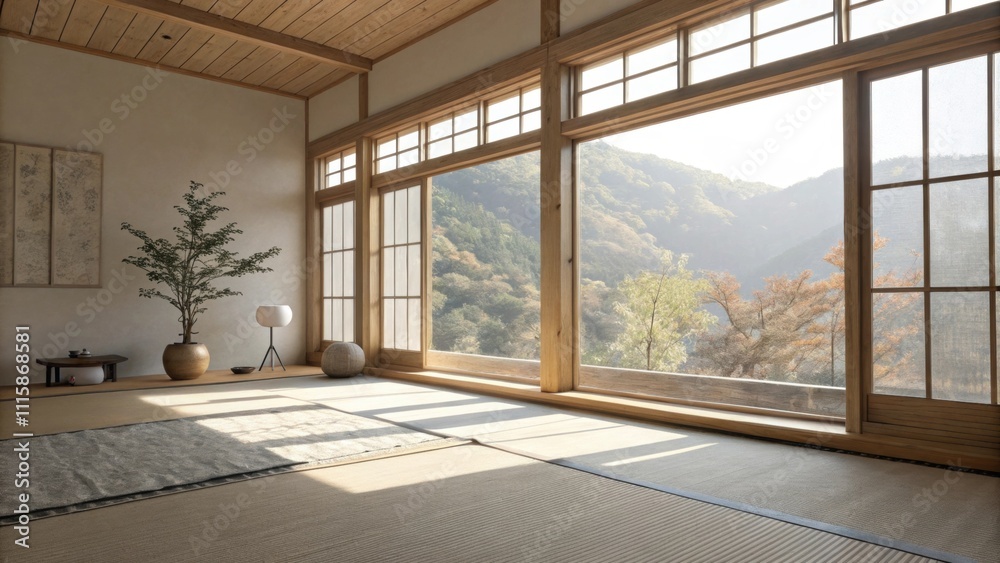 Poster Light spills into an undecorated room through clear expansive windows creating a peaceful and welcoming environment with a focus on simplicity.