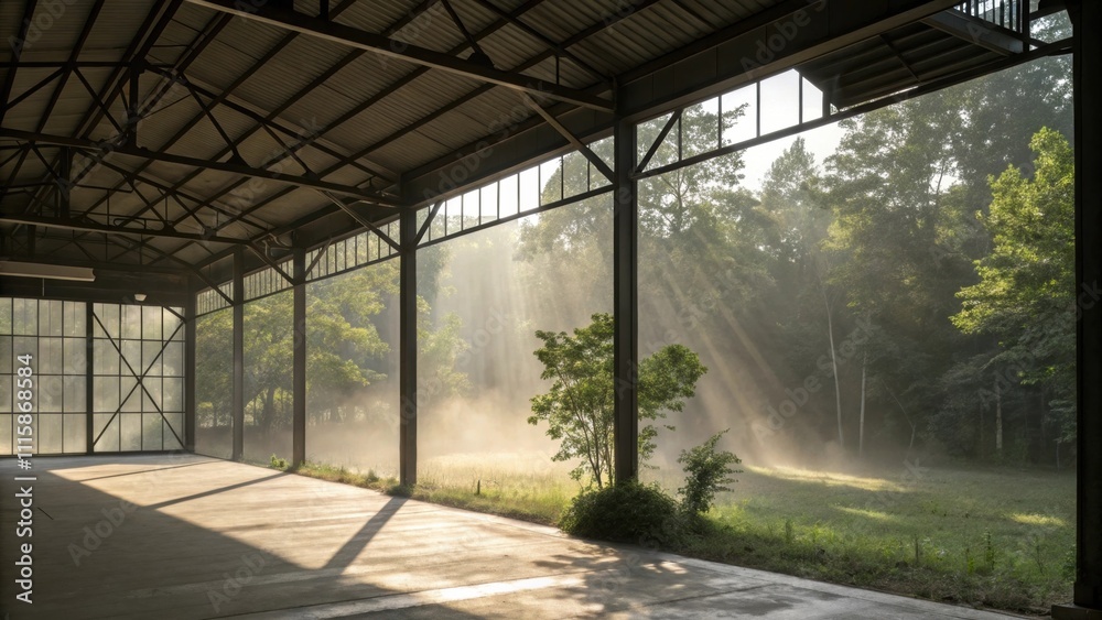 Poster Light filters through an open section of the steel frame illuminating the dust motes in the air while providing a glimpse of the outdoor greenery beyond.