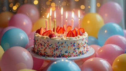 Vibrant Birthday Cake with Strawberries & Sprinkles, Pastel Balloons & Golden Lights Festive Dessert Celebration