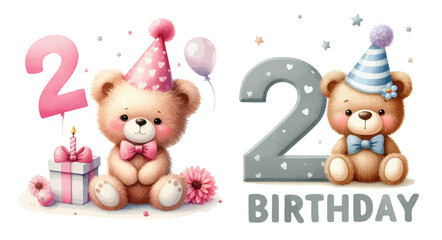 Obraz premium A cute first Birthday teddy bear wearing a party hat with number 2. Adorable innocence animal watercolor illustration for boy and girl.
