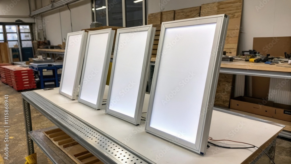 Poster Grouping of ecofriendly LED light panels arranged side by side on a workbench showcasing their thin profiles and modern aesthetic.