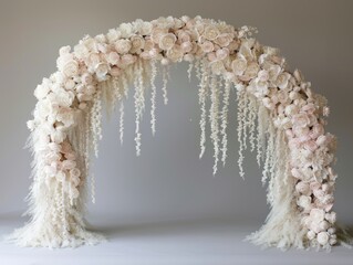 Elegant floral wedding arch with cream and blush roses and cascading greenery.