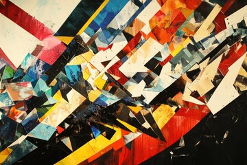 Abstract collage art with vibrant colors and geometric shapes.