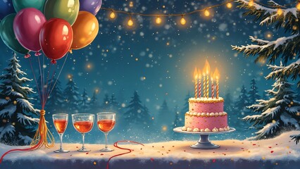 Whimsical Winter Wonderland Birthday Celebration, Festive Cake, Balloons, and Sparkling Wine