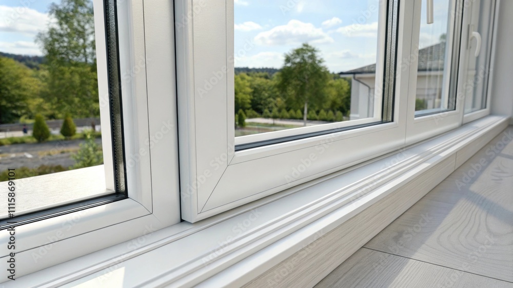 Poster Closeup view of a modern window with pristine glazing surrounded by crisp white weatherstripping that provides a fresh polished look.