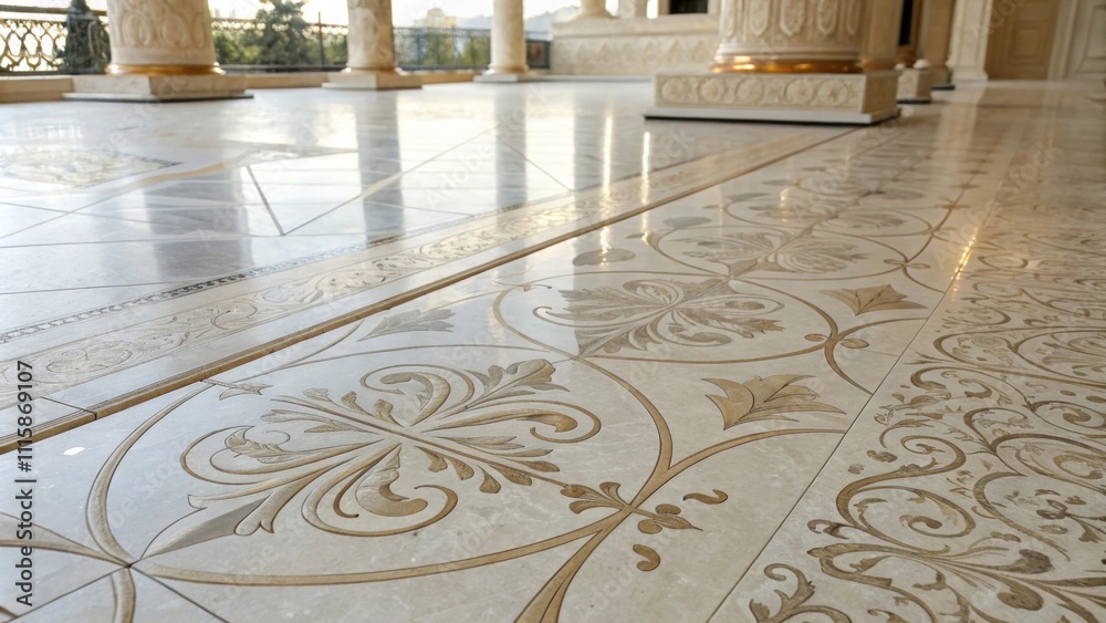 Poster Closeup view of polished marble tiles reflecting soft light with a smooth shiny surface that highlights intricate patterns varying from creamy whites to delicate grays.