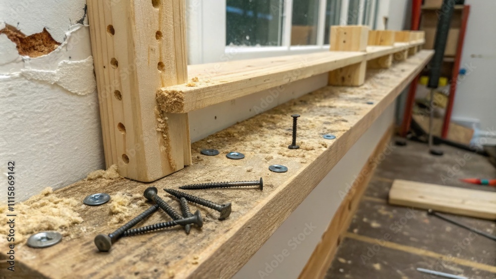 Poster Closeup of unfinished shelf supports some splintered and rough with an assortment of screws and nails lying beside a partially painted wall.