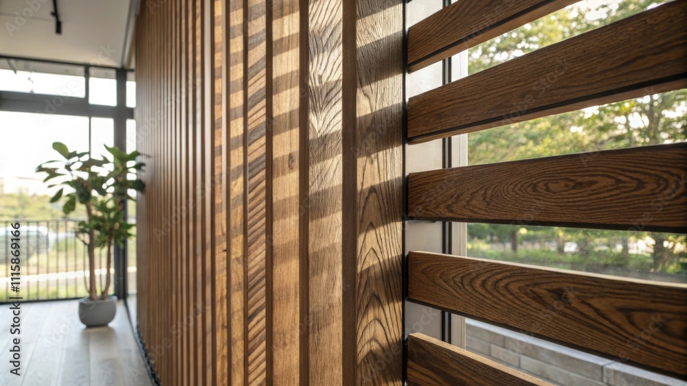 Poster Closeup of the wooden slats arranged vertically revealing the unique grain patterns and textures partially illuminated by natural sunlight filtering through a nearby window.