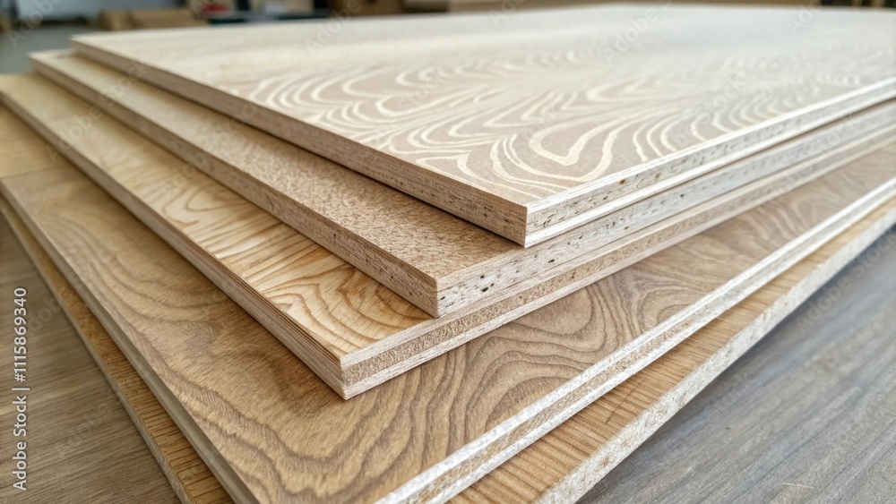 Poster Closeup of a stack of unused laminate boards the texture of the surface highlighted by soft shadows and light displaying intricate patterns of faux wood.