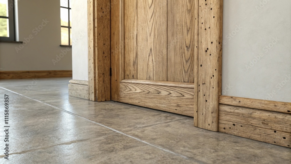 Aufkleber Closeup of a rustic wooden door frame with visible grain patterns set against a backdrop of lightcolored walls and a polished concrete floor.