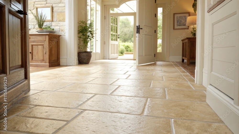 Poster Bright natural light floods into an entryway with smooth light beige tiles. The freshly grouted seams perfectly complement the soft tones creating a welcoming atmosphere.