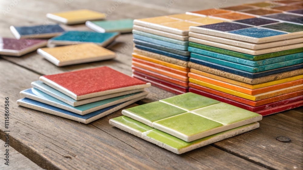 Poster Brightly colored backsplash tiles carefully packed in stacks each tile catching the light in a different way arranged on a rustic table surface.