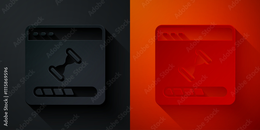Poster paper cut loading a data window with a progress bar icon isolated on black and red background. paper
