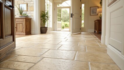 Fototapeta premium Bright natural light floods into an entryway with smooth light beige tiles. The freshly grouted seams perfectly complement the soft tones creating a welcoming atmosphere.