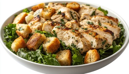 Grilled chicken salad with fresh vegetables, croutons, healthy meal, high-protein food, delicious lunch, nutritious bowl, appetizing dish, culinary inspiration, balanced diet