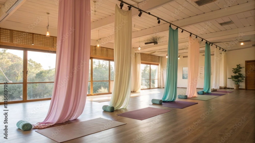 Aufkleber A yoga studio is defined by soft fabric sliding curtains on a ceiling track creating a tranquil atmosphere while allowing for privacy when needed.