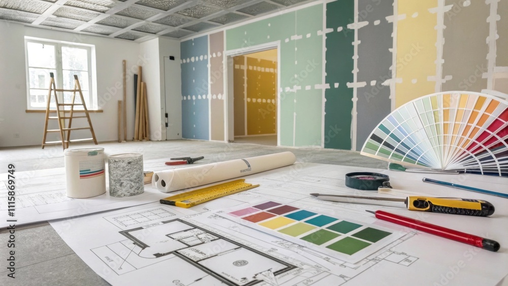 Poster A workspace filled with freshly patched drywall sections surrounded by bright paint swatches and design sketches encapsulating the creative energy of a renovation project.