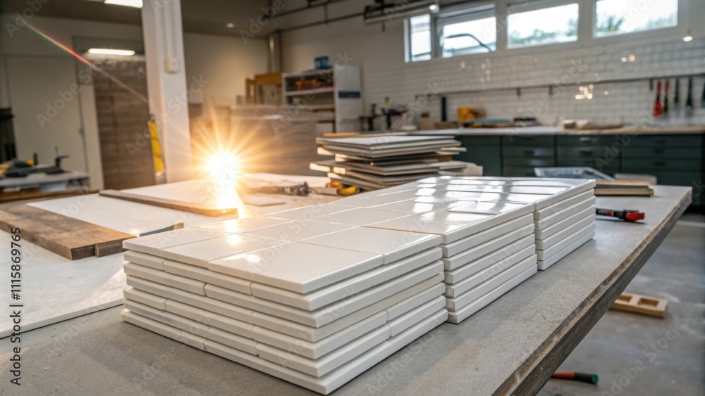 Poster a workshop scene with a bright light illuminating a pile of pristine white tiles reflecting off thei