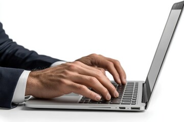Close-up of hands typing on a laptop in a business suit, workplace productivity, corporate technology usage, professional office work, efficient business setup, serious working environment