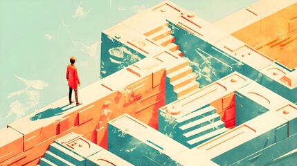 Policymaker Navigating Maze of Bureaucratic Red Tape in Whimsical Minimalist 3D