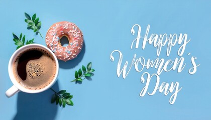 Celebrate Women’s Day with Love. Coffee, Donuts, and Blossoms to Honor and Appreciate Women’s Strength and Beauty. Perfect for Greetings, Social Posts, and Event Decor Concepts