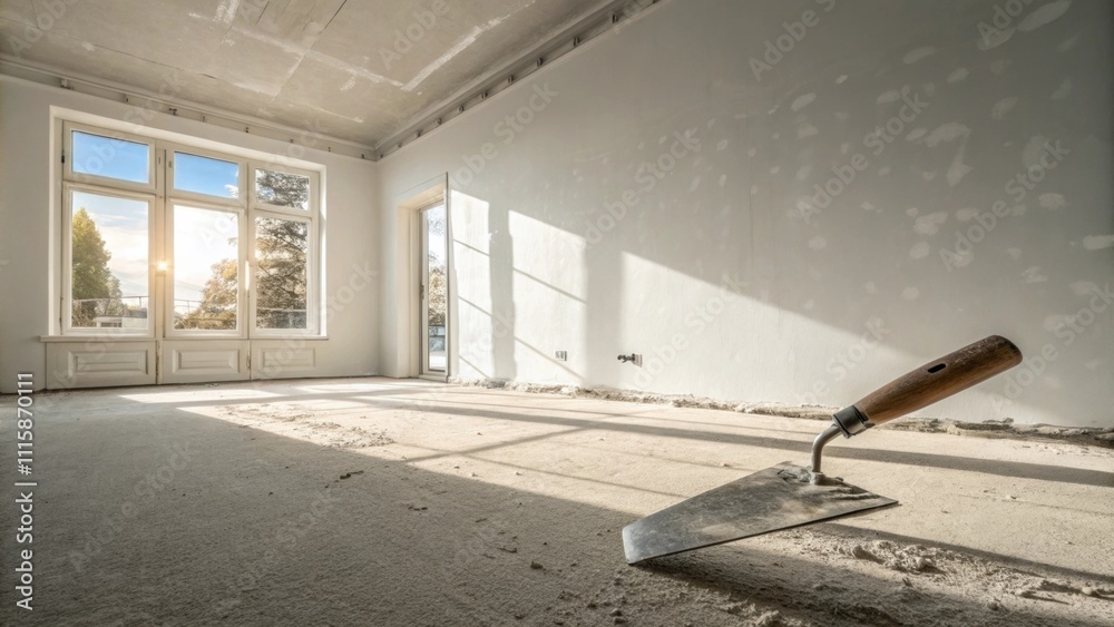 Aufkleber A wide shot of an empty room showcasing a pristine freshly plastered wall with a trowel resting on the ground in the foreground dust particles illuminated by sunlight.