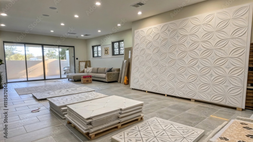 Poster A wide shot of a living space featuring a wall prepared with white adhesive with large format tiles stacked artistically on the floor ready for installation.