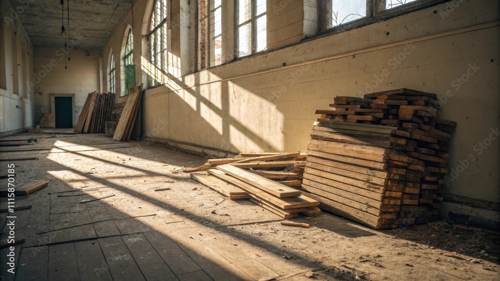 Poster a wide shot capturing a disorganized stack of wooden remnants against a wall with the sunlight casti