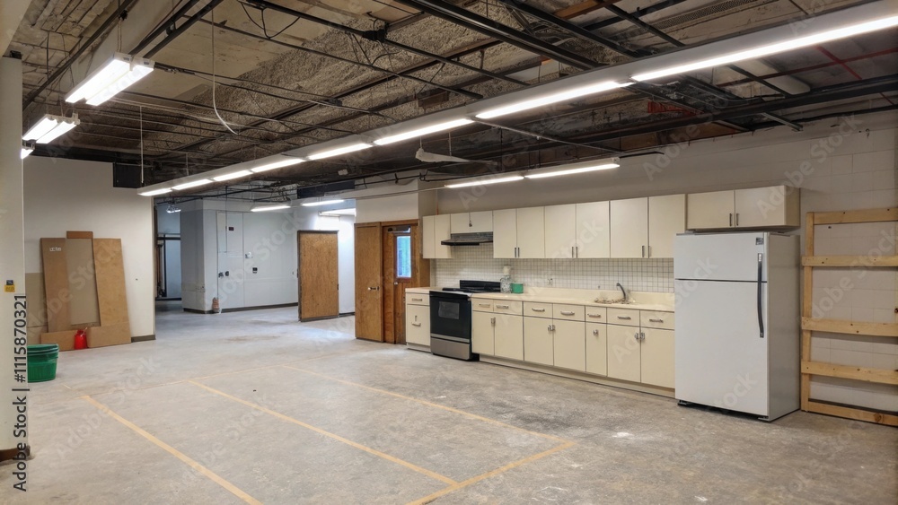 Aufkleber A wideopen kitchen with a sense of potential characterized by an unfinished look and fluorescent lights with sharp lines drawn around the areas for a range and refrigerator.