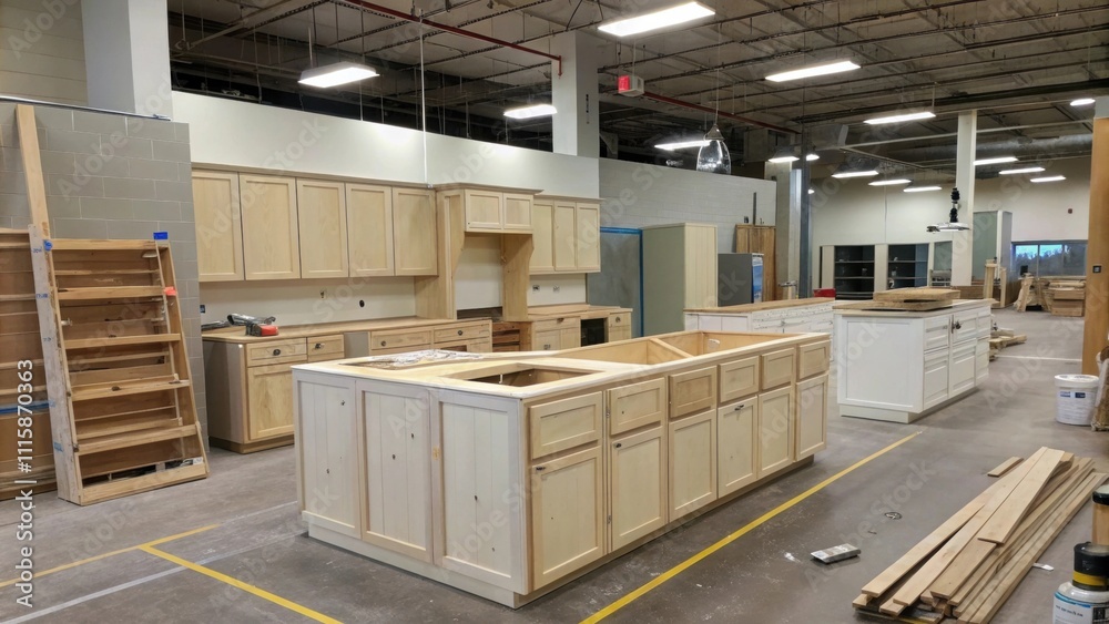 Aufkleber a wider view of a kitchen space where the unfinished island frame is positioned in the center surrou