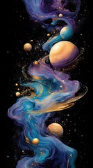 Fototapeta premium Abstract swirling colors and spheres in space, vibrant liquid texture.