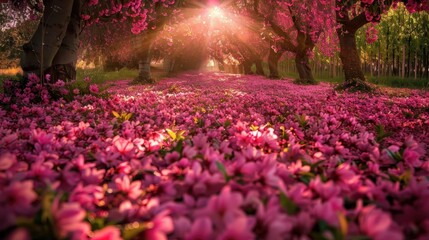 Obraz premium Pink Blossom Trees Sunlight Path Flower Carpet