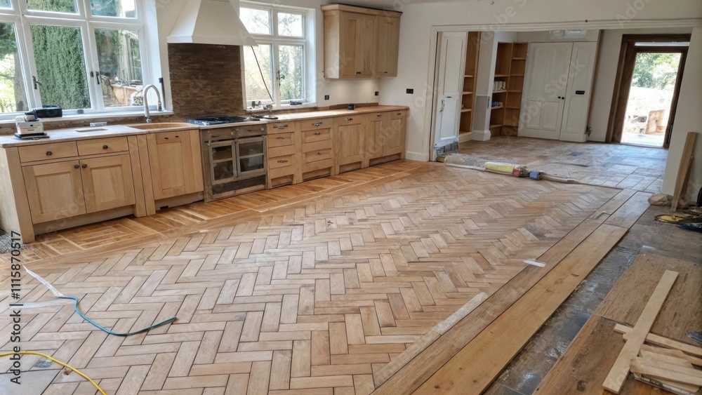 Poster a wideangle shot of a kitchen area showing a herringbone tile floor in progress with exposed floorbo