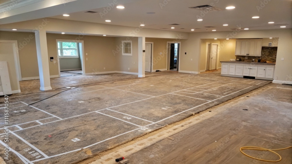 Poster A wideangle shot of a living space with the old floor removed showing the subfloor and a clean outline for the upcoming epoxy application.