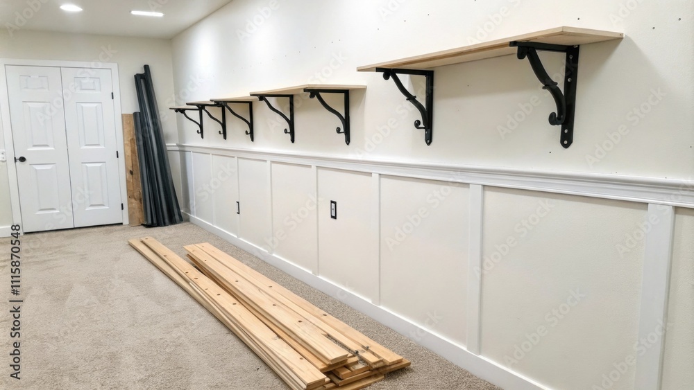 Aufkleber A white wall featuring a series of floating shelf brackets lined up for installation with a small stack of raw wood planks next to them.