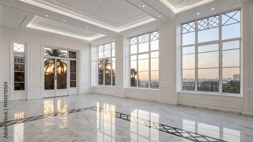 Poster A whitewalled room with freshly installed expansive windows reflecting the surrounding light and casting geometric patterns on the polished marble floor.